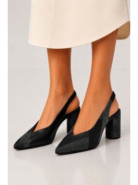 MOUSSY Cowhide Leather Patchwork Denim Toe Slingback Heels Black Sz 6 (2) NWT